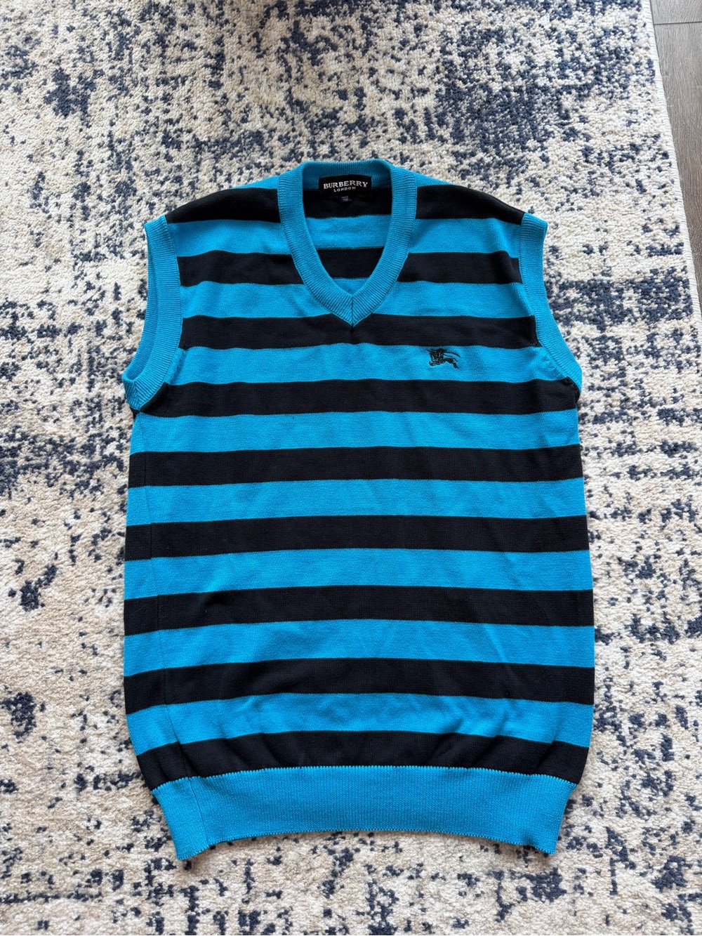 Burberry London Men’s Turquoise & Black Striped V-Neck Sweater Vest